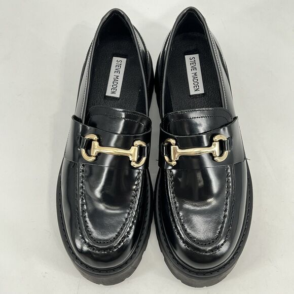 Steve Madden Lando 10 Black Patent Leather Chunky Lug Horsebit Loafers - Picture 1 of 10